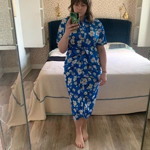 Blue flower button front midi dress
